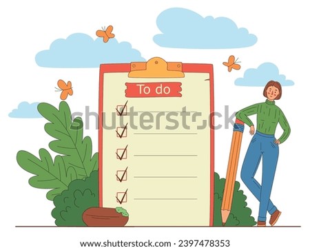 to do list, time management. Woman is standing near large to do list with pencil. Plan fulfilled