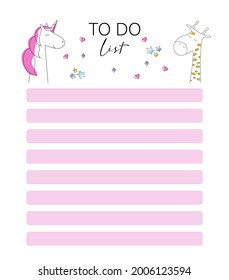 To do list with unicorn and giraffe. Vector illustration for children, on a white background.