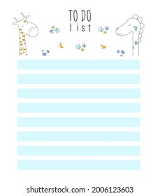 To do list with unicorn and giraffe. Vector illustration for for kids boys, on a white background.