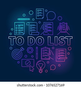 To do list vector colored round illustration made with checklist and tasklist icons in thin line style on dark background