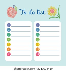 To do list. Vector hand drawn planner design. Pencil drawing. Flower and apple fruit