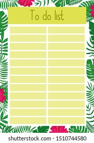 
To do list  vector page for printing with tropical leaves and flowers. Summer  planner. Page for diary, kids book, notebook, organiser.

