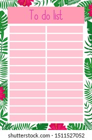
To do list  vector page for printing with tropical leaves and flowers. Summer  planner. Page for diary, kids book, notebook, organiser.

