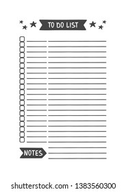 To Do List. Vector Template for Agenda, Planner and Other Stationery. Printable Organizer for Study, School or Work. Objects Isolated on White Background.