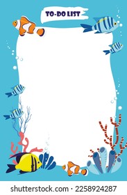 To do list vector template marine design exotic fish. Organizer school sea life flat style.