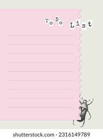 To do list vintage collage style with hand drawn stamp monochrome bugs, pink template for notes reminders. . Vector illustration