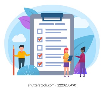 To do list, web poll form. Small people stand near big clipboard with document. Poster for web page, social media, banner, presentation. Flat design vector illustration