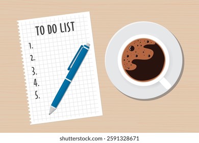 To do list or wishlist on a wooden table. Concept of putting goals into wishlist to make them visual. Mockup template, banner. Coffee to set mood, pen and paper sheet. flat vector illustration