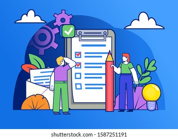 To do list, work planning, day management. Group of people stand near big document with to do list, letter. Poster for social media, web page, banner, presentation. Flat design vector illustration