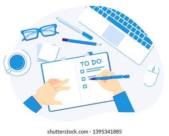Um Listenschrift zu schreiben. Hand mit Stift-Schreibplanerlisten, produktiver Organisation und Notizblock auf dem Schreibtisch Vektorillustration-Illustration