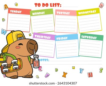 To do list for writing plans for the week with cute cartoon capybara in school backpack with a skateboard under arm