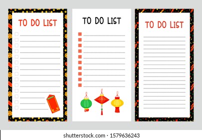 To Do lists flat vector templates set. Chinese lanterns, fireworks, golden coins, red envelopes and fireworks flat vector illustrations. Asian prosperity and wealth symbols on black background. 