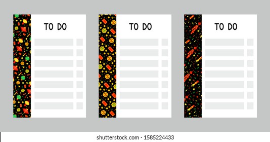 To Do lists flat vector templates set. Chinese lanterns, fireworks, golden coins, red envelopes and fireworks flat vector illustrations. Asian prosperity and wealth symbols on black background. Notepa