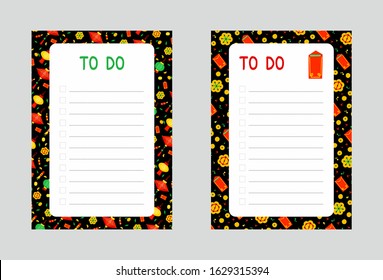 To Do lists flat vector templates set. Chinese lanterns, golden coins, red envelopes and fireworks flat vector illustrations. Asian prosperity and wealth symbols on black background. Notepad checklist