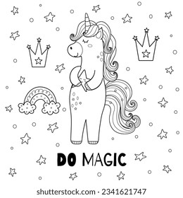 Do Magic black and white print for kids with a cute unicorn. Coloring page with a magic horse and text. Great for t shirt, greeting cards, apparel. Vector illustration