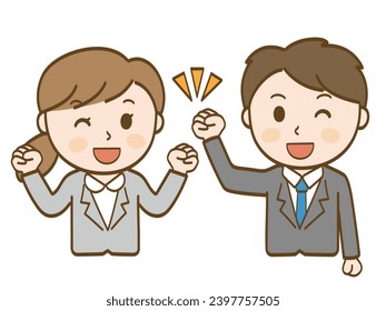 I'll do my best with a fist pump! _Female office workers and male office workers in suits cheering on their efforts