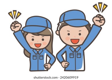 I'll do my best today too! Illustration of a fist-pumping male and female worker and cleaning staff