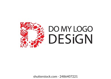 "Do My Logo Design" is a text-based logo design featuring a stylized letter "D" created using a repeated pattern. The logo is designed in a bold, abstract style, using a vibrant red color to create a 