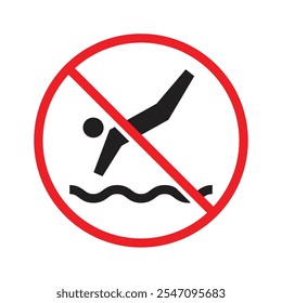 Do No Jump Icon symbo. Do not jump on the water with red cross line icon isolated