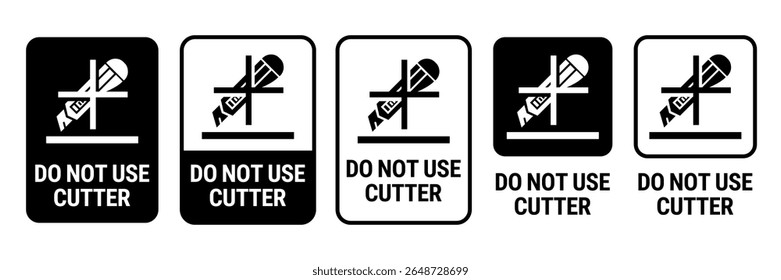 Do no use cutter and use cutter icon set. Hazard signs. Cardboard packaging label icons. Package sign. Do not open with a knife or scissors symbol. Vector Illustration.