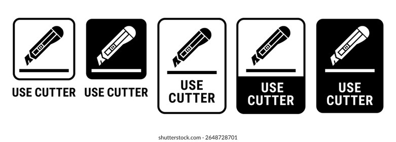 Do no use cutter and use cutter icon set. Hazard signs. Cardboard packaging label icons. Package sign. Do not open with a knife or scissors symbol. Vector Illustration.