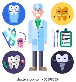 Do not be afraid of dentist! It could be very fun! Happy stomatologist, different medical equipment, toothpaste, toothbrush, different funny teeth. Flat vector stock illustration isolated set. 