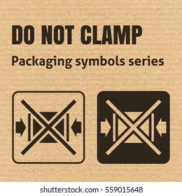 DO NOT CLAMP packaging symbol on a corrugated cardboard background. For use on cardboard boxes, packages and parcels. EPS10 vector illustration