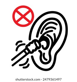 Do not clean ear hole with cotton buds or q tips icon illustration outline isolated on square white background. Simple flat cartoon art styled drawing.