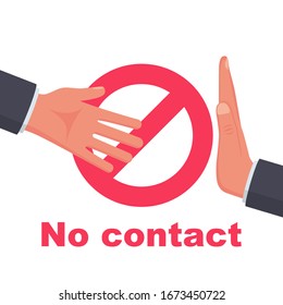 Do not contact. No handshake icon. Red prohibition sign. Precautions and prevention of coronavirus disease. No physical contact. Warning, dangerous infection on hands. Vector illustration flat design.