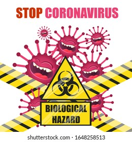 Do Not Cross the Line with Biological Hazard Symbol of Cute 2019 MERS-nCoV (Middle East Respiratory Coronavirus Syndrome-Novel Coronavirus). Design Concept for Protection against Viral Pandemic