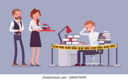 Do not cross office tape near the hardworking manager desk. Exhaust with too much work, weary stressed with deadline, employee in emotional strain or tension. Vector flat style cartoon illustration