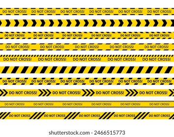 Do not cross ribbons. Police warning tapes for criminal accident places. Yellow black barrier tape. Set of caution crime scene bands. Seamless striped boundary lines. Vector illustration.