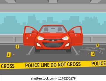 Do Not Cross Yellow Tape At Crime Scene. Car With Opened Doors In A Parking Lot. Flat Vector Illustration.