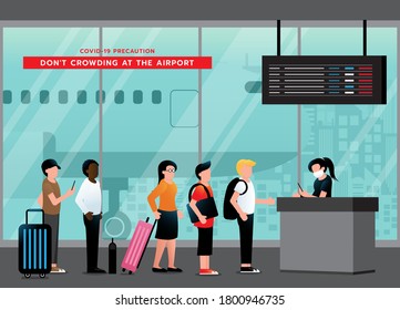 No hay mucha gente en el aeropuerto. evitar congestión en la cola para el puesto de control en la puerta de embarque. seguir usando máscara facial después de la pandemia del virus de la corona o COVID-19. viajes y negocios. ilustración vectorial