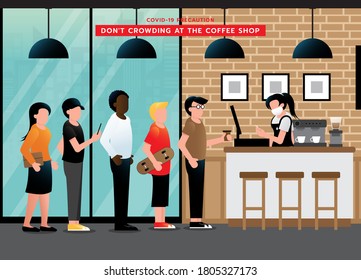 Do not crowding at coffee shop. avoid congestion at queues when waiting. keep wearing medical face mask and the distance after pandemic of corona virus or COVID-19. Vector illustration