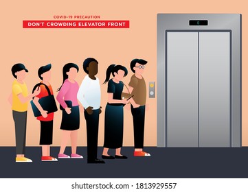 Do not crowding elevator front. Safety instruction for People waiting for the lift wearing 
Social distancing .Vector illustration