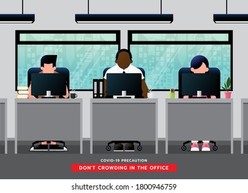 Do not crowding in the office room. precaution of social distancing. people avoid congestion. keep wearing medical mask and distance prevent pandemic of corona virus or COVID-19. Vector illustration