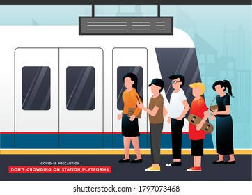 Do not crowding on station platforms. Safety instruction for passengers waiting for the train. Social distancing maintain in public transport. Covid-19 awareness. Vector illustration