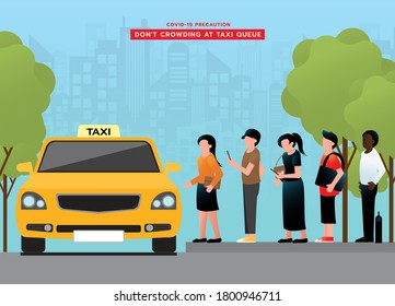 Do not crowding at taxi queue. passengers avoid congestion each other and wearing medical face mask. after pandemic of corona virus or COVID-19. travel and business. Vector illustration