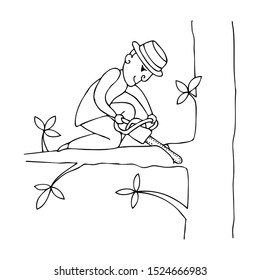 Do not cut the branch on which you sit! A man is sawing a tree branch he is sitting on. Man uses a chainsaw.. Black and white cartoon illustration for coloring page.