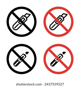 Do not cut sign icon set. Forbidden use of utility box cutter and knife vector symbol in a black filled and outlined style. Ban danger blade and package cutter sign.