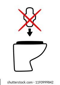 Do not deposit sanitary napkins in toilet sign black outline isolated on white background. Feminine pads, tampons, diapers prohibited disposal pictogram. do not throw rubbish into toilet bowl design.