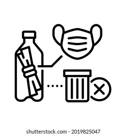 Die Masken nicht in Plastikflaschen entsorgen. Zeilenvektor. Einzeln auf weißem Hintergrund.