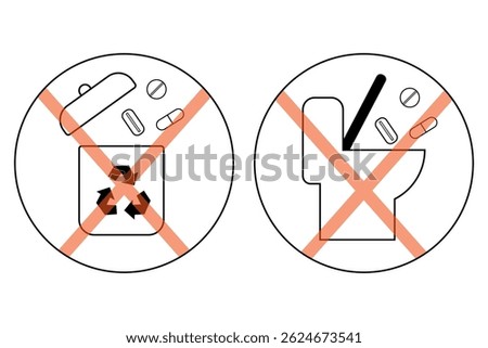 Do not dispose medications in trash or toilet. Pharmaceutical waste disposal warning icons.