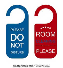 Do not disturb and clean hotel room, service concept, hanger warning door signs. Vector illustration isolated.