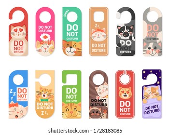 Do not disturb door hanger vector signs, tags or labels with cute cat animals. Hotel room door handle or knob hanging cards with sleeping kittens, playing kitties and warning messages of keep silence