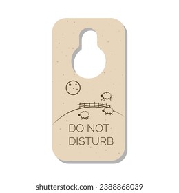 Do not disturb door hanger sign, tag or label with cute sheeps. Hotel room door handle or knob hanging card and warning message on white background. Vector illustration.