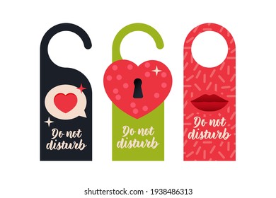 Do Not Disturb. Hang Door Sign Set. Modern Flat Vector Illustration. Chat Box with Heart, Heart Shape Lock, Red Lips. Hotel Service Card.