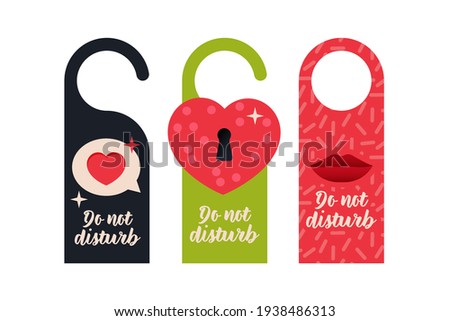 Do Not Disturb. Hang Door Sign Set. Modern Flat Vector Illustration. Chat Box with Heart, Heart Shape Lock, Red Lips. Hotel Service Card.