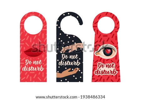 Do Not Disturb. Hang Door Sign Set. Modern Flat Vector Illustration. Red Lips, Hands of Different Race, Eye with Heart. Hotel Service Card.